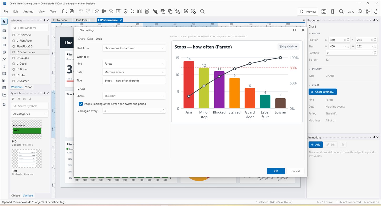 Chart settings window in the Designer with a live preview