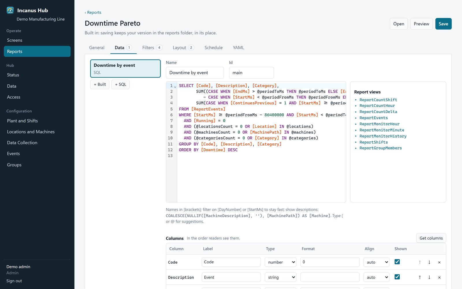 Report designer SQL editor